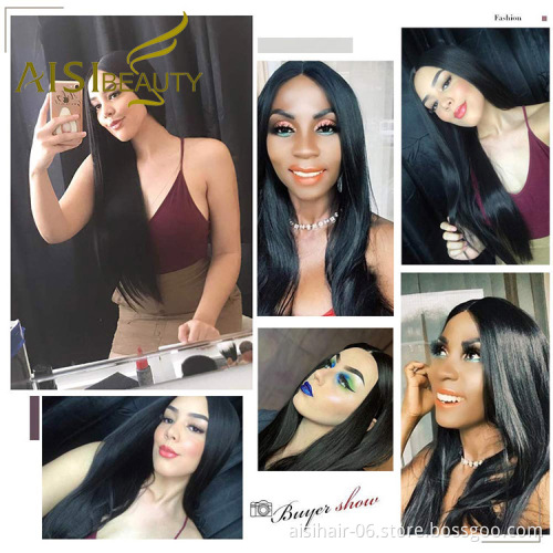 Aisi Beauty High Quality Vendor Cheap Long Straight Natural Black Wig Swiss Lace Synthetic Hair For Black Women Lace Front Wig